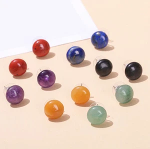Gemstone Round Flat Stud Earrings Amethyst Pink Quartz Lapis Lazuli Red Jasper