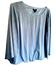 Blusa de fiesta Alfani 3/4 con manga campana tachonada azul gris dobladillo elástico talla 14 - Imagen 1 de 4