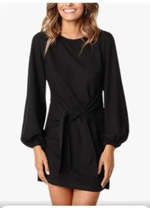 Womens Fashion Casual Wrap Dress Puff Sleeve Cocktail Tie Skirt Size S Party - Picture 1 of 12