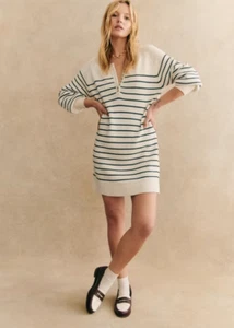 Sezane Women's Multi-button Round Neck Striped Skirt Small Lantern Sleeve Skirt - Picture 1 of 11