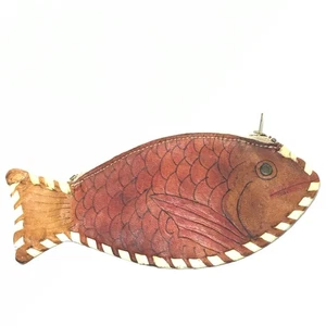 Geldbörse Kleingeldbeutel in Fischform Vintage verziert braun Leder Western -gebraucht - Bild 1 von 8