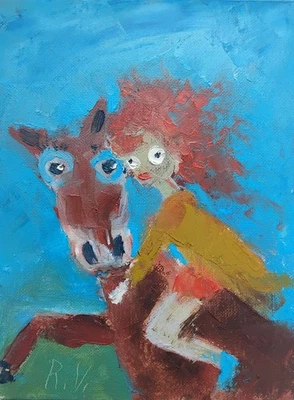 Horse rider oil painting handmade fun original artwork, cowboy cowgirl - Image 1 of 4