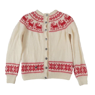 Cardigã suéter feminino tricotado à mão na Noruega lã vermelha creme Fairisle botão para cima - Imagem 1 de 4