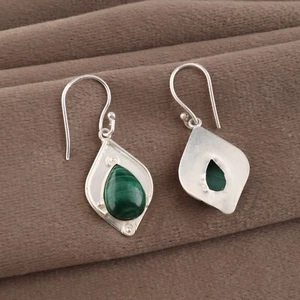 Green Malachite Gemstone 925 Sterling Silver Jewelry Handcrafted Earrings 1.90" - Picture 1 of 3