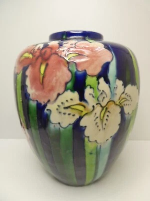 ANTIQUE HAND PAINTED IRISES JAPANESE AWAJI POTTERY VASE SIGNED TO BASE - image 1 of 4