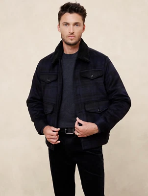 NWT Banana Republic $200 SHERPA PLAID JACKET, Black/Blue, Sz XL - Image 1 of 4