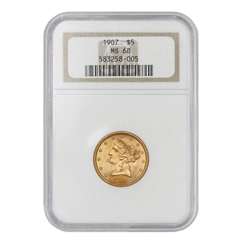 1907 $5 Gold Liberty Half Eagle NGC MS68 Gem Graded Coin TIED FOR FINEST KNOWN Cover