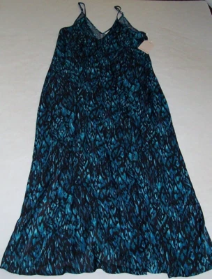NUEVO CON ETIQUETAS Van Winkle NEGRO/AZUL AGUA IKAT SILKY Maxi Vestido Chemise/Salón 3X BOLSILLOS Foto 1 de 4