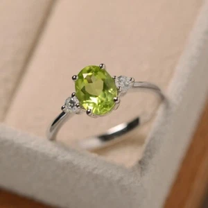 1.70 Carat Oval Cut Natural Peridot & Diamond Wedding Ring 925 Sterling Silver 7 - Picture 1 of 5