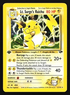 Pokemon Lt. Surge's Raichu 11/132 WotC 1st Edition Gym Challenge Holo Rare LP - Image 1 of 2