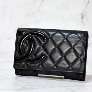 Authentic CHANEL Cambon Line Black Pink Leather Bi-fold Wallet Medium Very Good - Picture 1 of 17