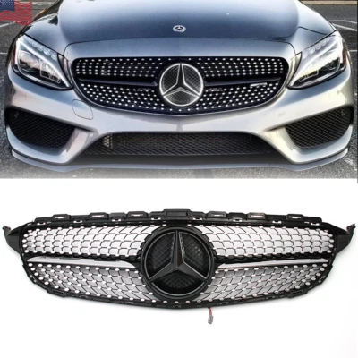 Black For Mercedes Benz C-Class C300 C350 W205 Grill 15-18 Grille W/LED Emblem - Image 1 of 4