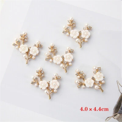 2pcs Golden Crystal Flower Branch with Faux Pearls Embellishments Decors 44x40mm - Image 1 of 4