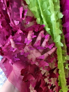 Burgundy Lace 3d Satin Butterflies Embroidered on Mesh Bridal Fabric Sold by Yrd - Picture 1 of 2