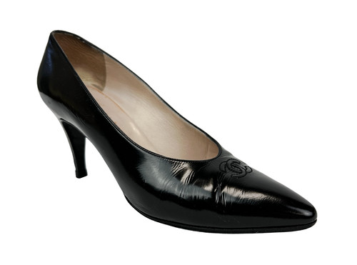 Scarpe décolleté vintage CHANEL in pelle verniciata tacchi 37 5 nere con logo CC 1994