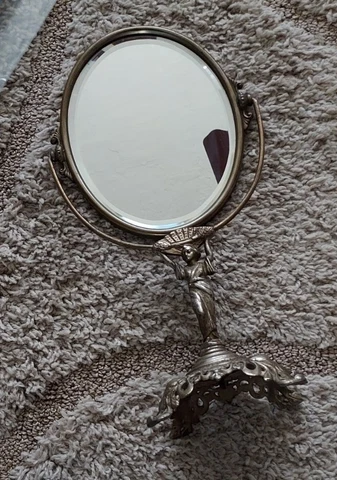 Antique Belved Vanity Tilt Oval Mirror Goddess Made of Metal Cover