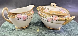 Nippon handbemalt hellrosa Rosen Blumen Moriage Perlen Gold Milchkännchen & Zucker - Bild 1 von 23