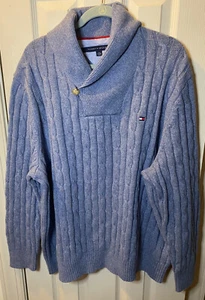 Tommy Hilfiger Blue Cable Knit Shawl Collar Sweater Wool Blend Mens Logo 2XL - Picture 1 of 3