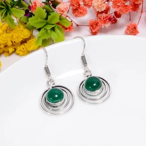 Pendientes étnicos hechos a mano de plata de ley 925 con piedras preciosas de calcedonia verde 1,5" V940 - Imagen 1 de 6