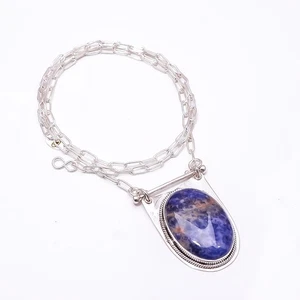 Sodalite -Minas Gerais Gemstone 925 Sterling Silver Chain Pendant 19-23" CP12 - Picture 1 of 3