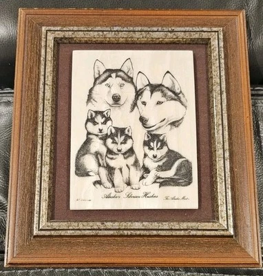 Vintage 1982 Siberian Huskies Husky Framed Marble Etching Bill Devine Alaska (5) - Image 1 of 4