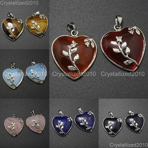 Natural Gemstone Heart Silver Plated Flower Reiki Chakra Pendant Charm Beads - Picture 1 of 27