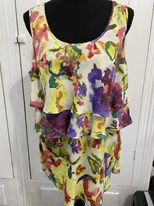 Daisy Fuentes Women Yellow Sleeveless Blouse Size Large Boho Ruffle Tank Silky - Picture 1 of 9