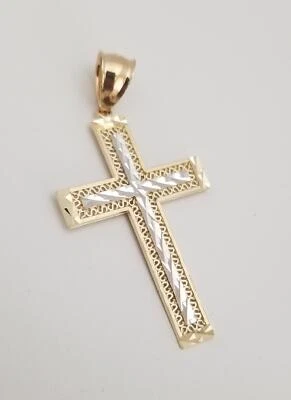 14k 2 Tone Real Gold Diamond Cut Traditional Religious Cross Pendant - Image 1 of 4