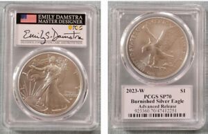 2023-W $1 SILVER EAGLE BURNISHED PCGS SP70 ADVANCE RELEASES DAMSTRA (In Hand)