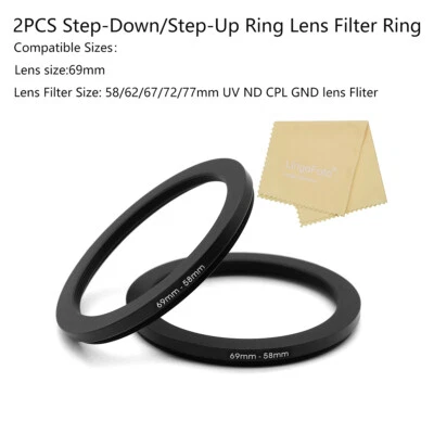 2PCS Step-Down/Step-Up Ring 69-58/62/67/72/77mm UV/ND/CPL GND Lens Filter Ring - Image 1 of 4
