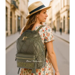 NWT MOSCHINO Quilted Logo Nylon Backpack w/Studs-Travel & School, Military green - Picture 1 of 14