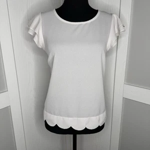 MINE White Blouse Small Ruffle Sleeve Scallop Hem Work Top Casual Workwear - Picture 1 of 7