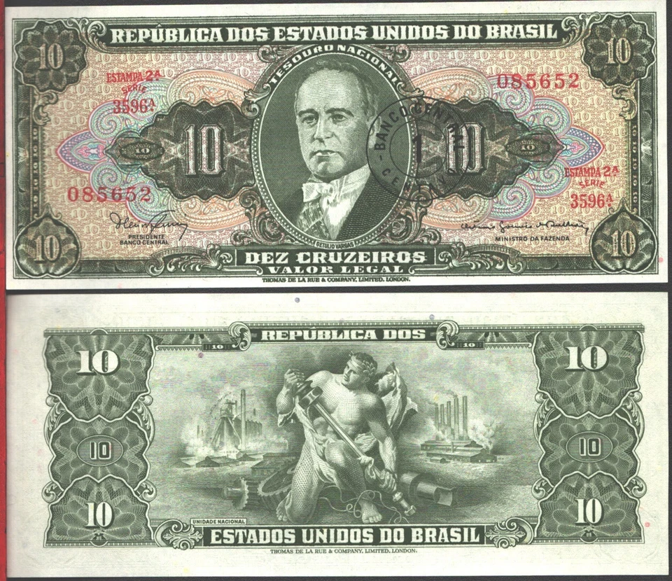 BRAZIL 1 CENTAVO ON 10 CRUZEIROS 1966-67 UNC OVERPRINTED,SERIE 3596A GETULIO DOR - Image 1 of 1
