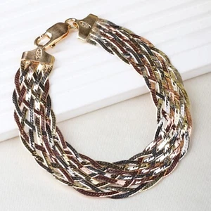Vintage Tri color Sterling Silver Herringbone Bracelet Braided Skinny Chain 7.5" - Picture 1 of 7