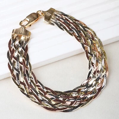 Vintage Tri color Sterling Silver Herringbone Bracelet Braided Skinny Chain 7.5" - Image 1 of 4