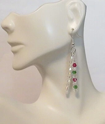 Holiday Icicle Stick 2" Hook Dangle Red & Green Crystal Earrings Party Wedding - Image 1 of 2