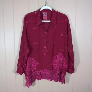 Johnny Was Eyelet Embroidered Shirt Top Red Pink Fushia Size M? Button Collar - Picture 1 of 6