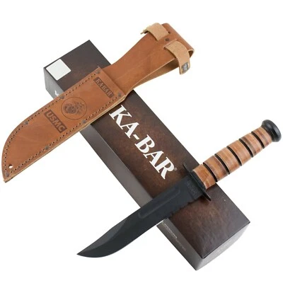 Kabar USMC Fighter Fixed Blade Knife Serrated Blade Stacked Leather Handle - Image 1 of 3