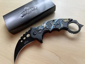 Master USA 8" Spring Assisted Folding Knife Blue Dragon Design Karambit Hawkbill - Picture 1 of 5