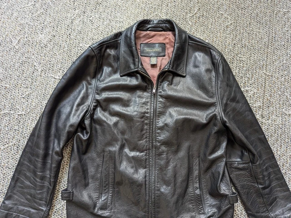 Chaqueta de cuero vintage años 90 negra BANANA REPUBLIC cuero XL cuero de vaca MOTOCICLETA Harley Foto 1 de 4