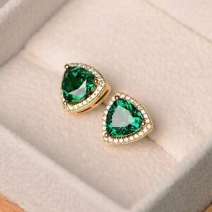 Triangle Lab-Created Green Emerald Diamond 2.68ct 14K White Gold Finish Earrings