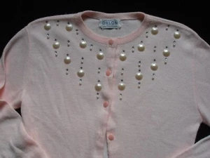 Vtg Orlon Pink Sweater Rhinestone Seashell Cardigan June Porter Creation Size S - Picture 1 of 8