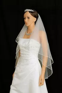 2T Ivory Fingertip 50 Rhinestones Rattail Center Gathered Bridal Wedding Veil - Picture 1 of 5