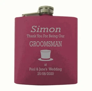 Personalised  Groomsman Top Hat  6oz Matt Pink Hip Flask In A Paper Box HF602 - Picture 1 of 1