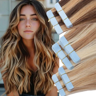 Brown Tape In 100% Real Remy Human Hair Extensions Skin Weft 60pcs Full Head USA - Image 1 of 4