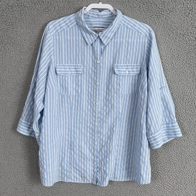 Croft & Barrow Top Women 2X Plus Blue White Stripe 3/4 Sleeve Roll Tab Button Up - Image 1 of 4