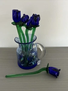ART GLASS COBALT BLUE LONG STEM GLASS FLOWER 19cm X 5 In Vase - Picture 1 of 13