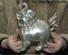 8.2'' Chinese dynasty Tibetan silver Lion foo dog statue incense burner censer