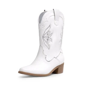 Girls Western Boots Butterfly Embroidery Fashion Cowgirl Mid Calf Boots - Picture 1 of 15