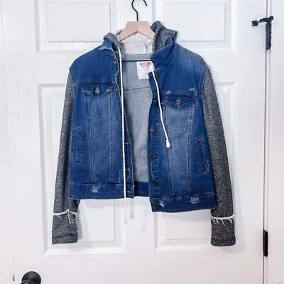 Mossimo Womens Large Blue Jean Jacket Grey Hoodie Sweatshirt Denim Coat Shirt - Image 1 of 4